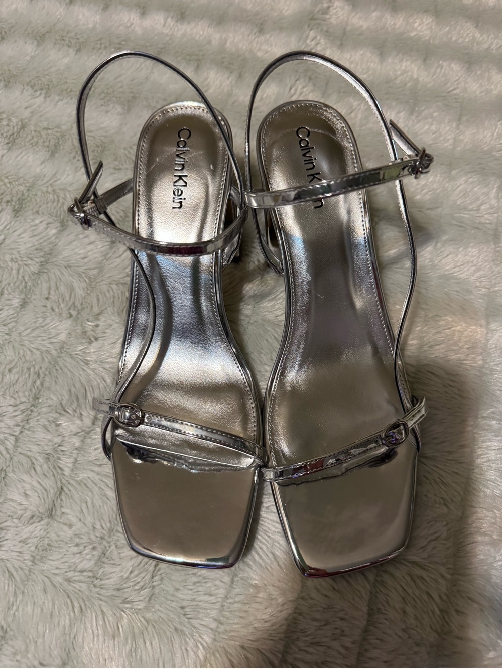Calvin Klein Metallic Silver Square-Toe Slingback Heels